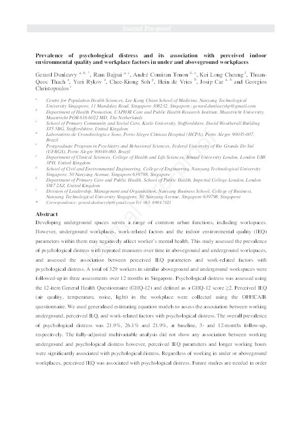 Prevalence of psychological distress and its association with perceived indoor environmental quality and workplace factors in under and aboveground workplaces Thumbnail