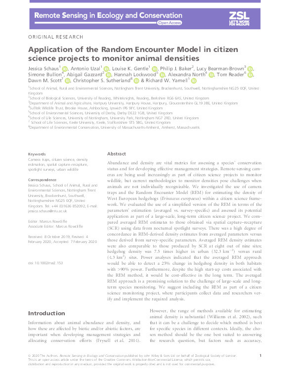 Application of the Random Encounter Model in citizen science projects to monitor animal densities Thumbnail