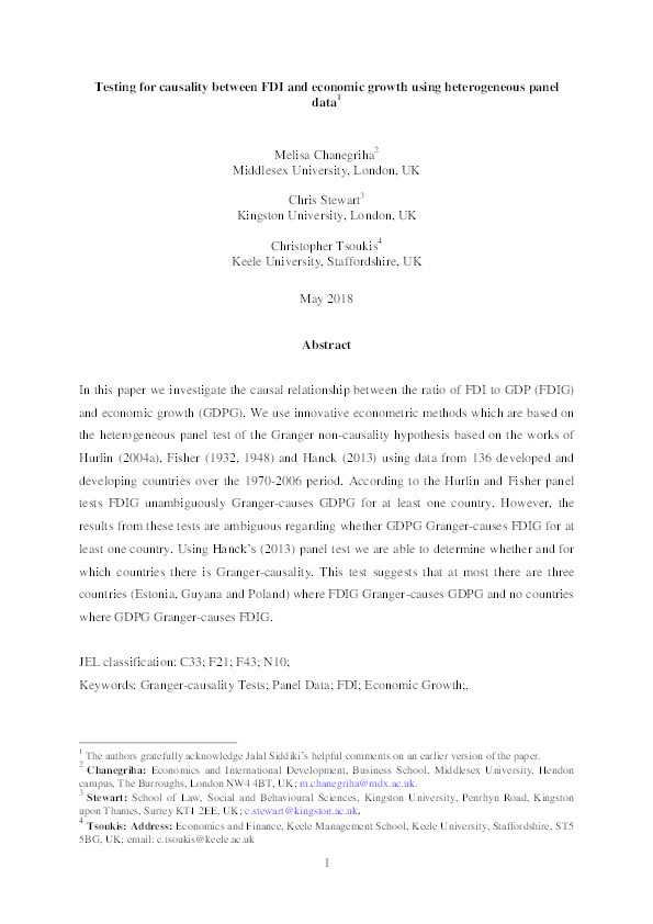 Testing for causality between FDI and economic growth using heterogeneous panel data Thumbnail