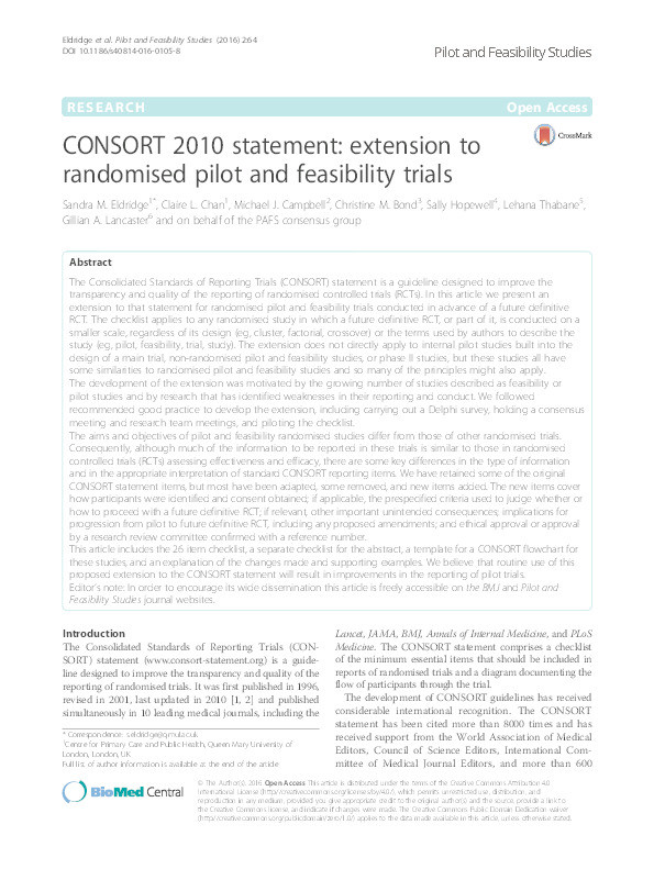 CONSORT 2010 statement: extension to randomised pilot and feasibility trials. Thumbnail