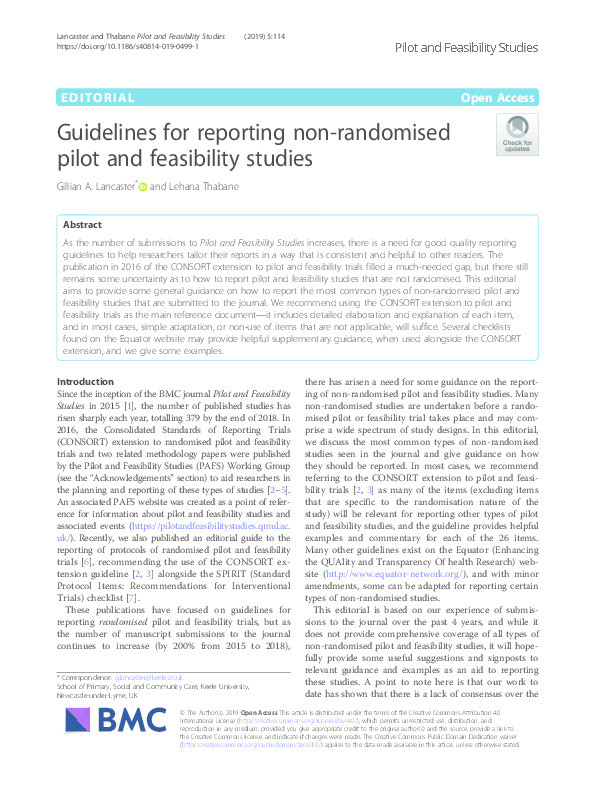 Guidelines for reporting non-randomised pilot and feasibility studies. Thumbnail