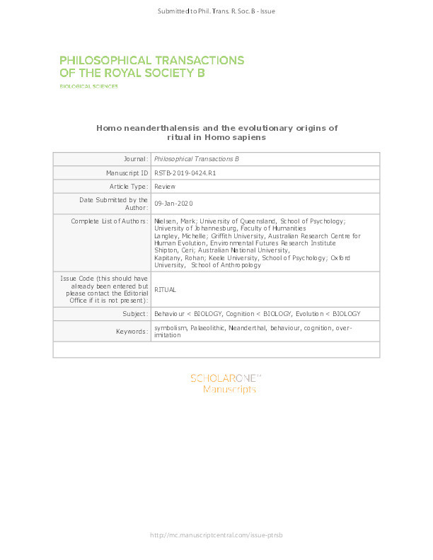 Homo neanderthalensis and the evolutionary origins of ritual in Homo sapiens Thumbnail