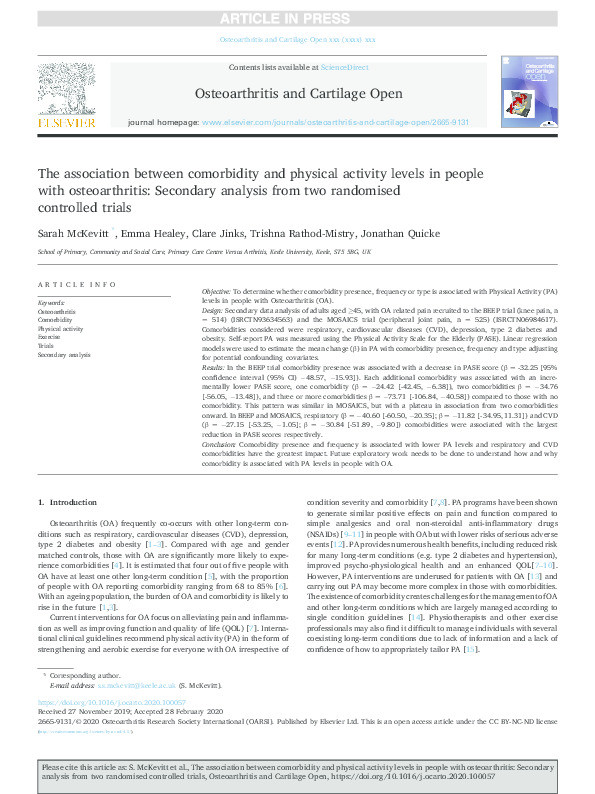 The association between comorbidity and physical activity levels in people with osteoarthritis: Secondary analysis from two randomised controlled trials Thumbnail