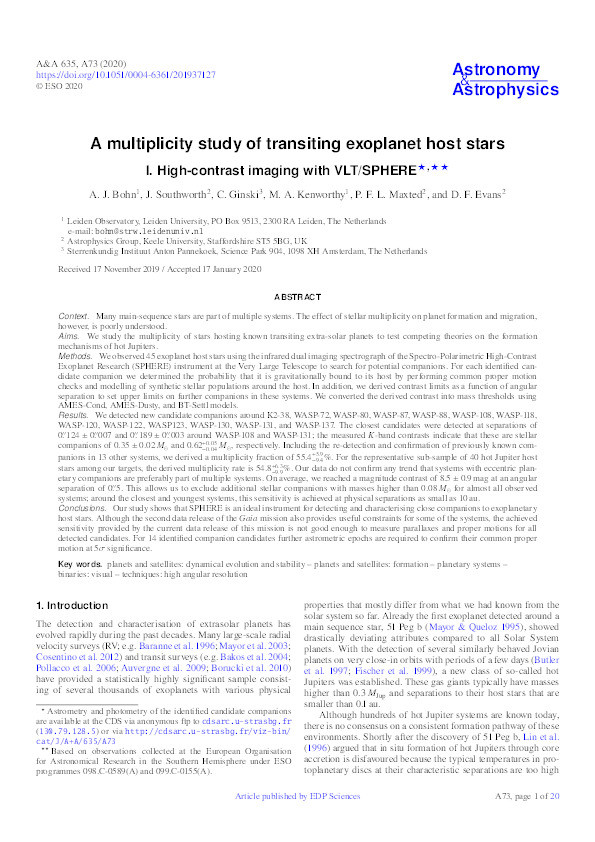 A multiplicity study of transiting exoplanet host stars I. High-contrast imaging with VLT/SPHERE Thumbnail