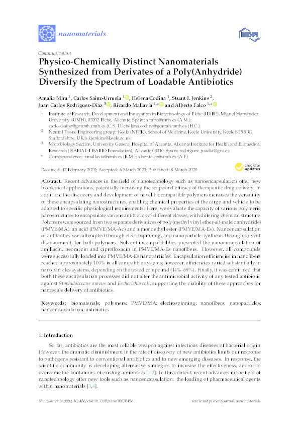 Physico-Chemically Distinct Nanomaterials Synthesized from Derivates of a Poly(Anhydride) Diversify the Spectrum of Loadable Antibiotics. Thumbnail