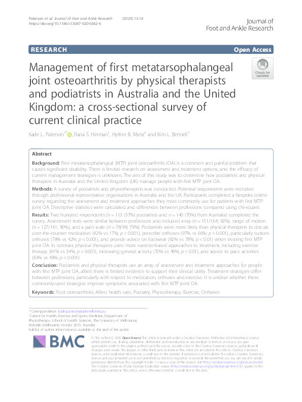 Management of first metatarsophalangeal joint osteoarthritis by physical therapists and podiatrists in Australia and the United Kingdom: a cross-sectional survey of current clinical practice. Thumbnail