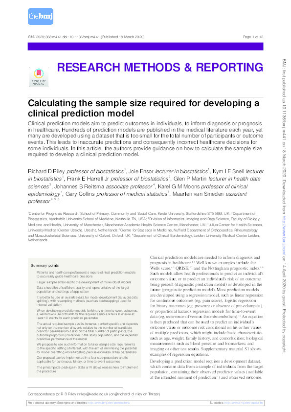 Calculating the sample size required for developing a clinical prediction model. Thumbnail