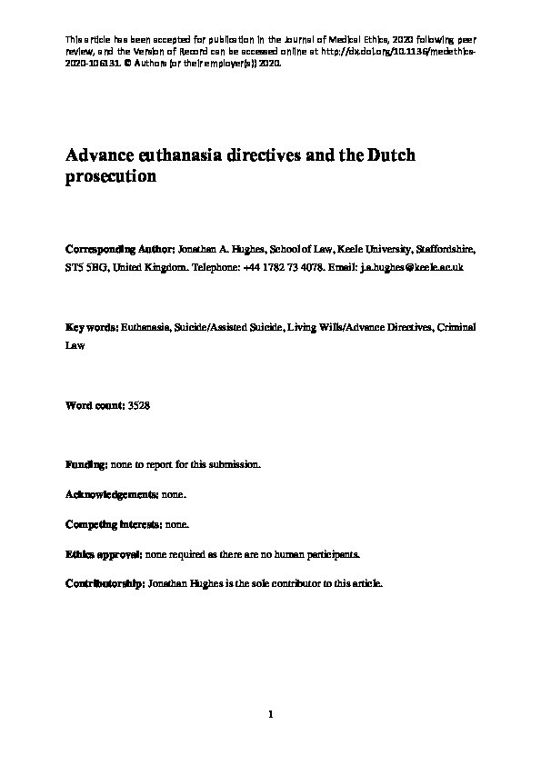 Advance euthanasia directives and the Dutch prosecution. Thumbnail