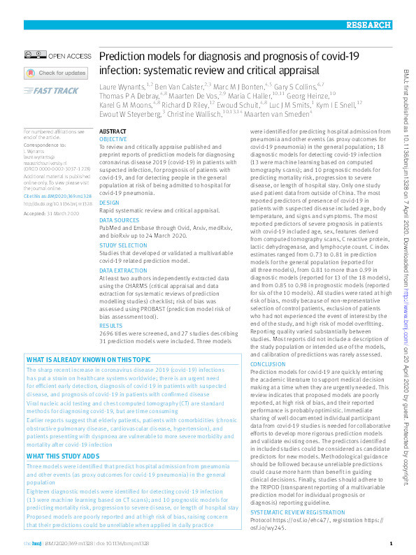 Prediction models for diagnosis and prognosis of covid-19 infection: systematic review and critical appraisal. Thumbnail