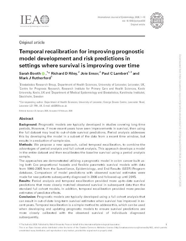 Temporal recalibration for improving prognostic model development and risk predictions in settings where survival is improving over time. Thumbnail