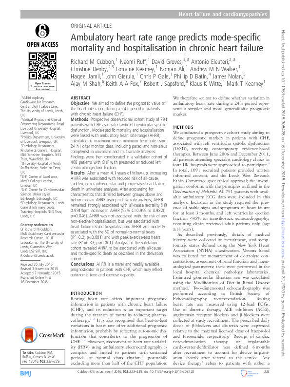 Ambulatory heart rate range predicts mode-specific mortality and hospitalisation in chronic heart failure Thumbnail