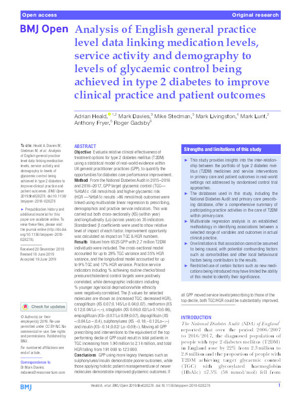 Analysis of English general practice level data linking medication levels, service activity and demography to levels of glycaemic control being achieved in type 2 diabetes to improve clinical practice and patient outcomes. Thumbnail