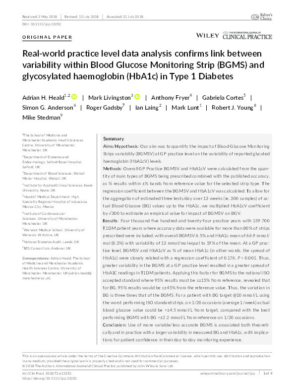Real-world practice level data analysis confirms link between variability within Blood Glucose Monitoring Strip (BGMS) and glycosylated haemoglobin (HbA1c) in Type 1 Diabetes. Thumbnail