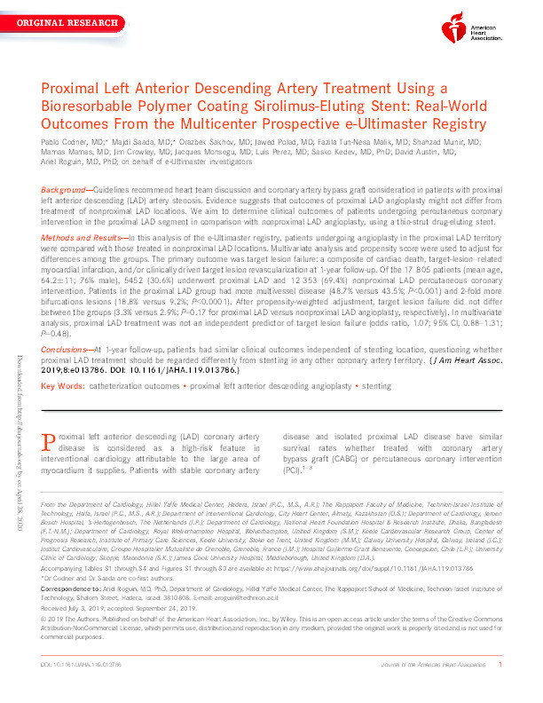 Proximal Left Anterior Descending Artery Treatment Using a Bioresorbable Polymer Coating Sirolimus-Eluting Stent: Real-World Outcomes From the Multicenter Prospective e-Ultimaster Registry Thumbnail