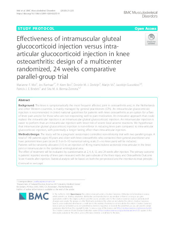 Effectiveness of intramuscular gluteal glucocorticoid injection versus intra-articular glucocorticoid injection in knee osteoarthritis: design of a multicenter randomized, 24 weeks comparative parallel-group trial. Thumbnail