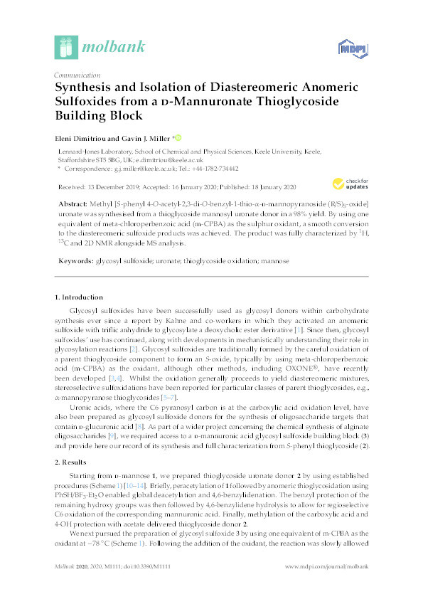 Synthesis and Isolation of Diastereomeric Anomeric Sulfoxides from a d-Mannuronate Thioglycoside Building Block Thumbnail