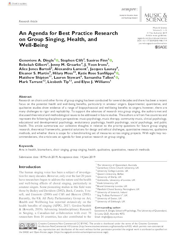 An Agenda for Best Practice Research on Group Singing, Health, and Well-Being Thumbnail