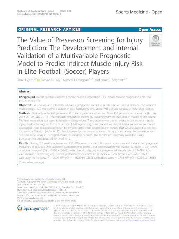 The value of pre-season screening for injury prediction: The development and internal validation of a multivariable prognostic model to predict indirect muscle injury risk in elite football (soccer) players Thumbnail
