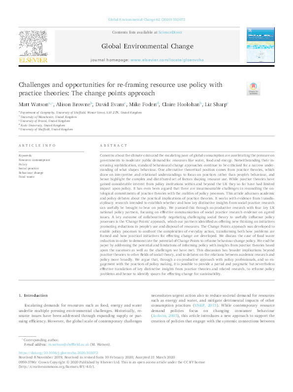 Challenges and opportunities for re-framing resource use policy with practice theories: The change points approach Thumbnail