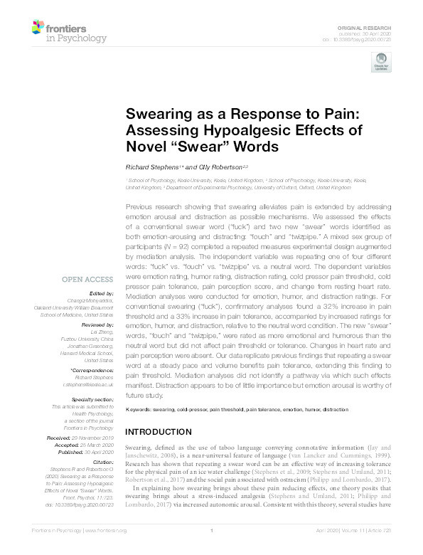 Swearing as a Response to Pain: Assessing Hypoalgesic Effects of Novel “Swear” Words Thumbnail