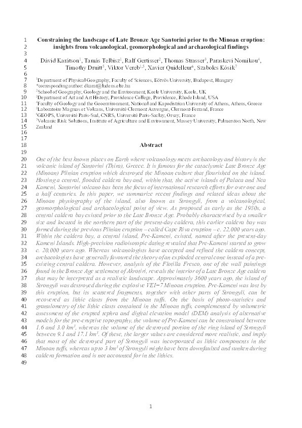 Constraining the landscape of Late Bronze Age Santorini prior to the Minoan eruption: insights from volcanological, geomorphological and archaeological findings Thumbnail