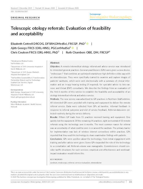 Telescopic otology referrals: Evaluation of feasibility and acceptability. Thumbnail