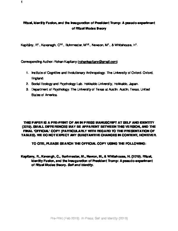 Ritual, identity fusion, and the inauguration of president Trump: a pseudo-experiment of ritual modes theory Thumbnail