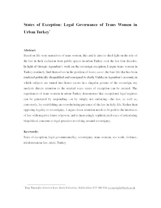 States of Exception: Legal Governance of Trans Women in Urban Turkey Thumbnail