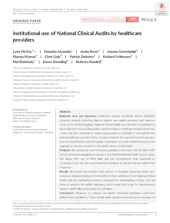 Institutional use of National Clinical Audits by healthcare providers Thumbnail