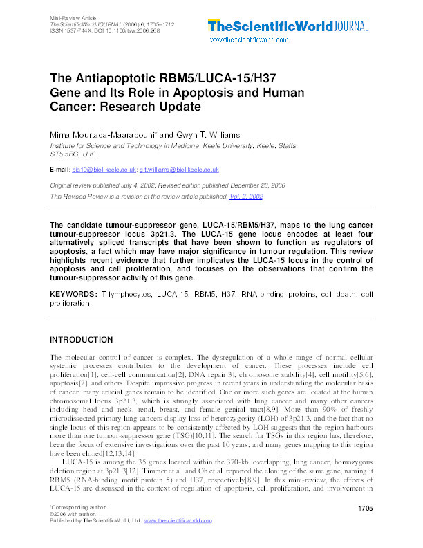 The antiapoptotic RBM5/LUCA-15/H37 gene and its role in apoptosis and human cancer: Research update Thumbnail