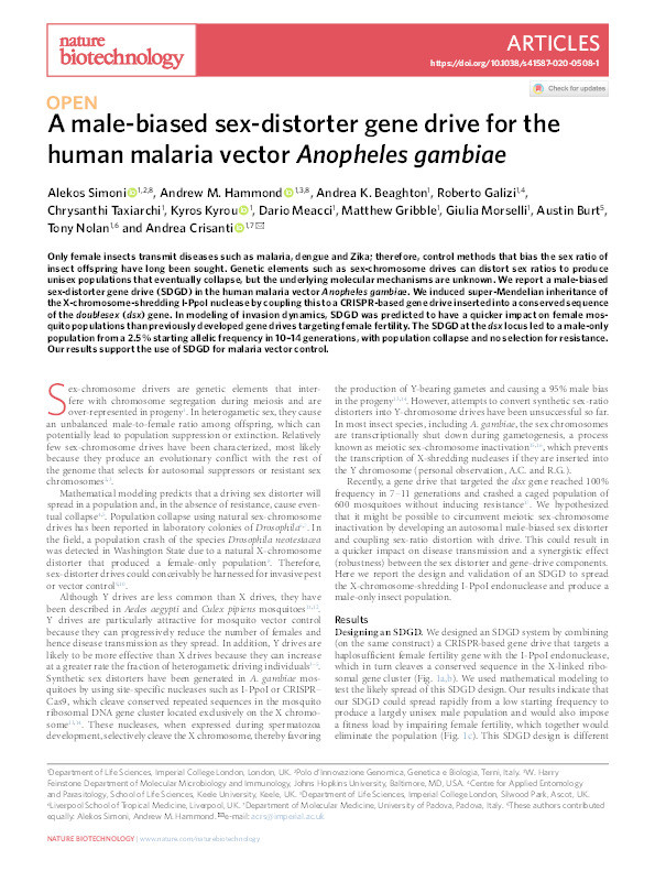 A male-biased sex-distorter gene drive for the human malaria vector Anopheles gambiae Thumbnail
