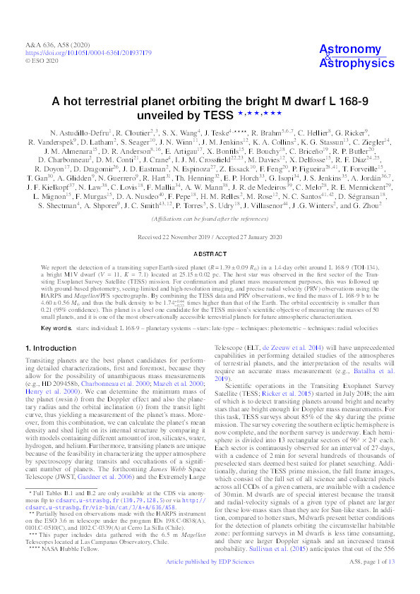 A hot terrestrial planet orbiting the bright M dwarf L 168-9 unveiled by TESS Thumbnail