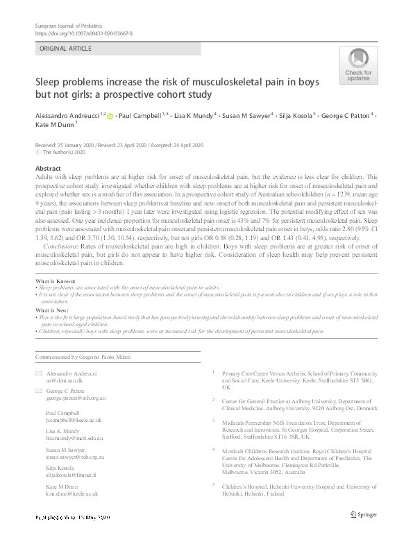 Sleep problems increase the risk of musculoskeletal pain in boys but not girls: a prospective cohort study Thumbnail