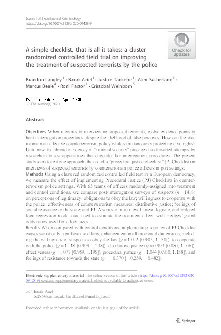 A simple checklist, that is all it takes: a cluster randomized controlled field trial on improving the treatment of suspected terrorists by the police Thumbnail