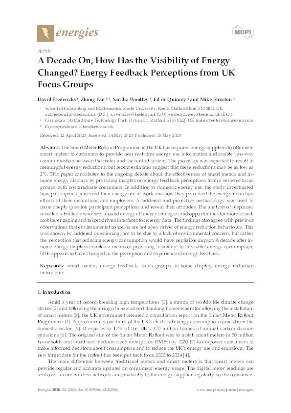 A Decade On, How Has the Visibility of Energy Changed? Energy Feedback Perceptions from UK Focus Groups Thumbnail