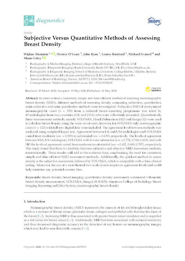 Subjective versus quantitative methods of assessing breast density Thumbnail