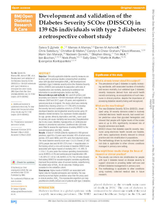 Development and validation of the DIabetes Severity SCOre (DISSCO) in 139 626 individuals with type 2 diabetes: a retrospective cohort study. Thumbnail