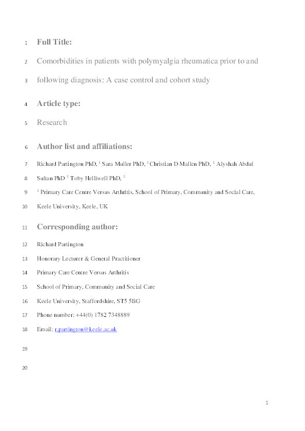 Comorbidities in patients with polymyalgia rheumatica prior to and following diagnosis: A case control and cohort study Thumbnail