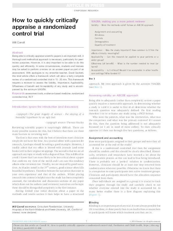 How to quickly critically appraise a randomized control trial Thumbnail