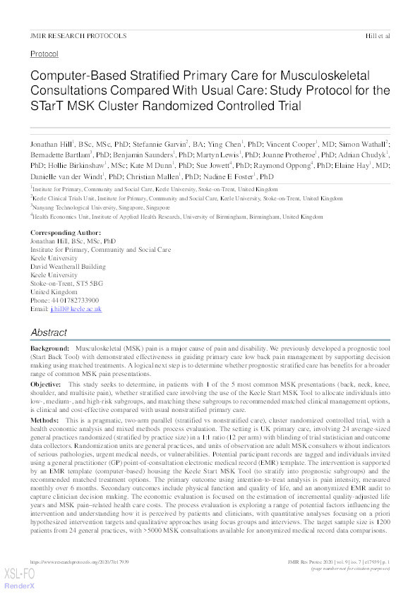Computer-Based Stratified Primary Care for Musculoskeletal Consultations Compared With Usual Care: Study Protocol for the STarT MSK Cluster Randomized Controlled Trial. Thumbnail