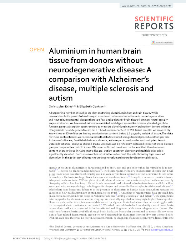 Aluminium in human brain tissue from donors without neurodegenerative disease: A comparison with Alzheimer's disease, multiple sclerosis and autism Thumbnail