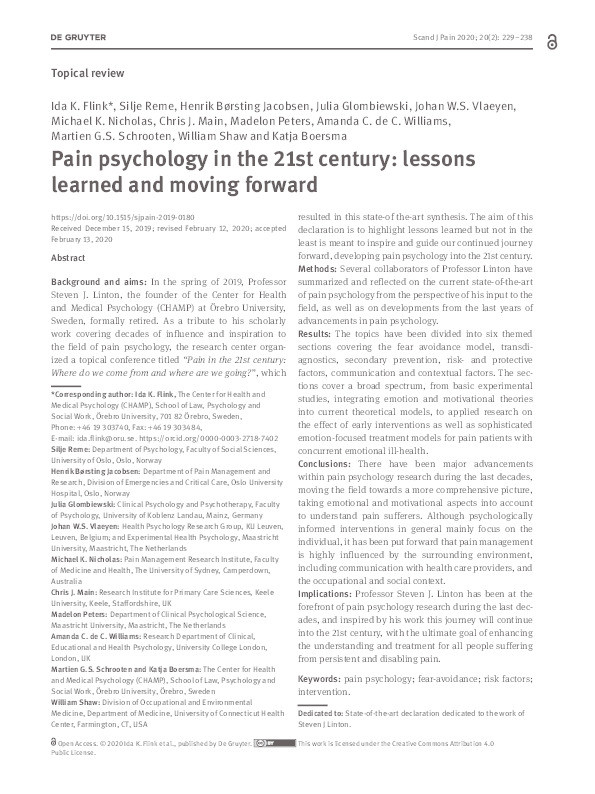 Pain psychology in the 21st century: lessons learned and moving forward Thumbnail