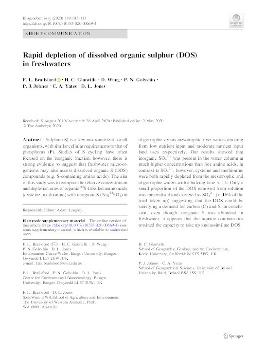 Rapid depletion of dissolved organic sulphur (DOS) in freshwaters Thumbnail