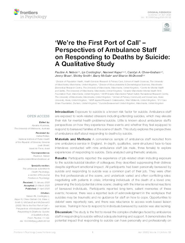 'We're the First Port of Call' - Perspectives of Ambulance Staff on Responding to Deaths by Suicide: A Qualitative Study Thumbnail