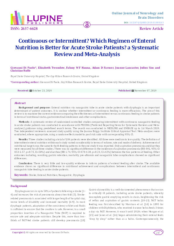 Continuous or intermittent? Which regiment of enteral nutrition is better for acute stroke patients? A systematic review and meta-analysis Thumbnail