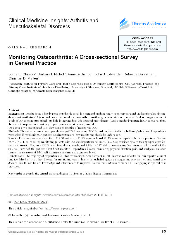 Monitoring Osteoarthritis: A Cross-sectional Survey in General Practice. Thumbnail