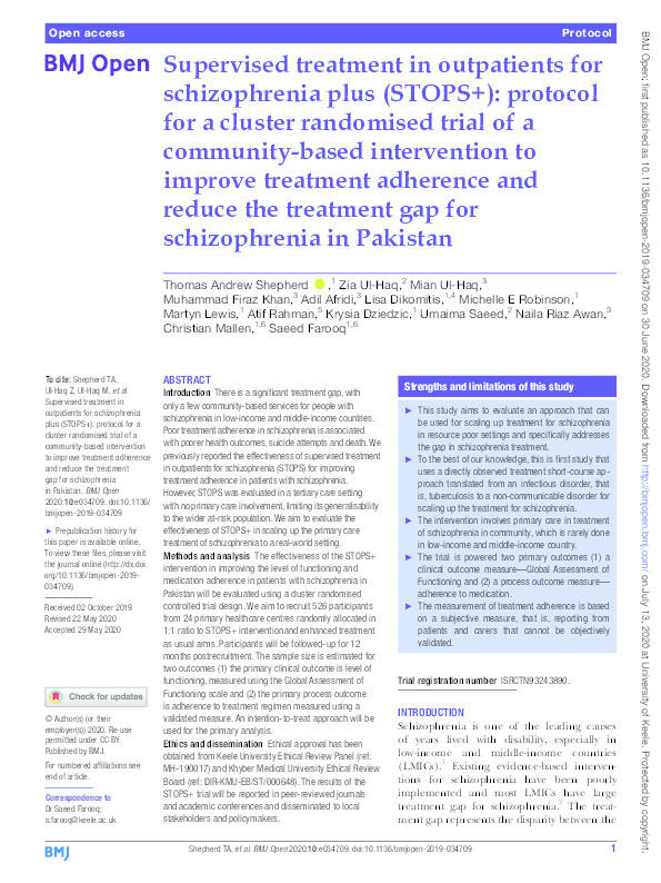 Supervised treatment in outpatients for schizophrenia plus (STOPS+): protocol for a cluster randomised trial of a community-based intervention to improve treatment adherence and reduce the treatment gap for schizophrenia in Pakistan Thumbnail