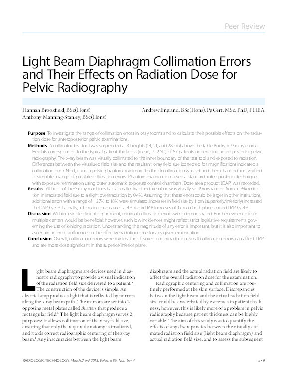 Light beam diaphragm collimation errors and their effects on radiation dose for pelvic radiography Thumbnail