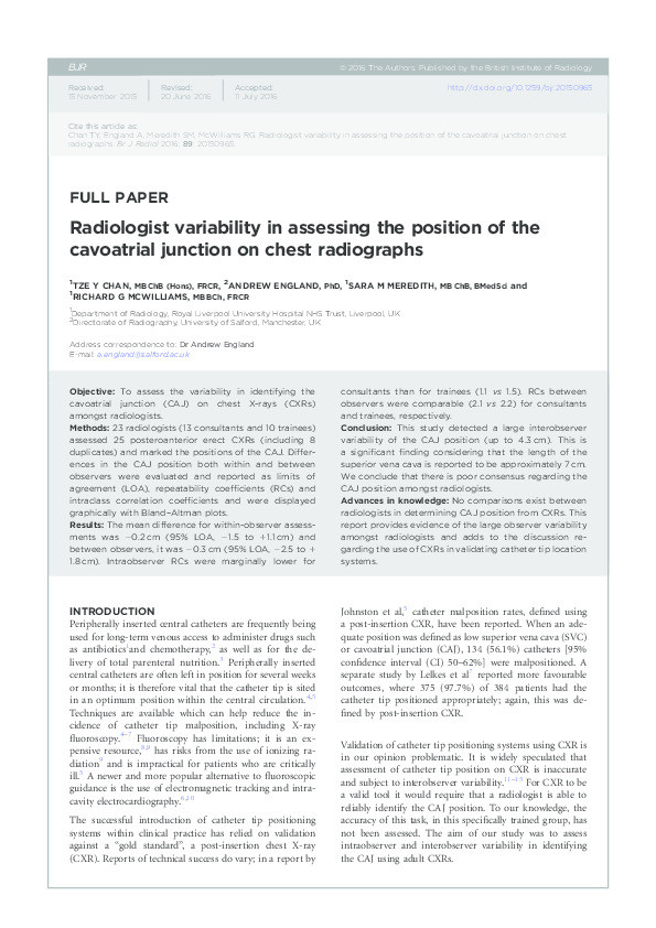 Radiologist variability in assessing the position of the cavoatrial junction on chest radiographs Thumbnail