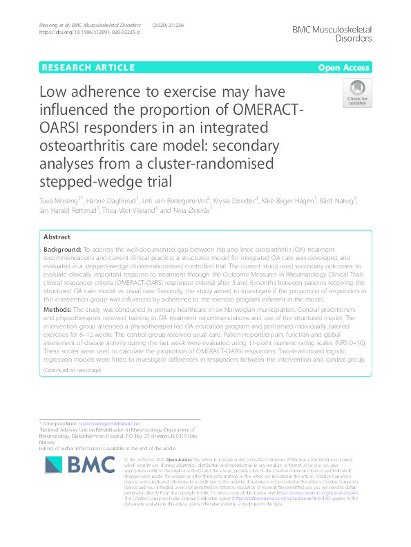 Low adherence to exercise may have influenced the proportion of OMERACT-OARSI responders in an integrated osteoarthritis care model: secondary analyses from a cluster-randomised stepped-wedge trial Thumbnail